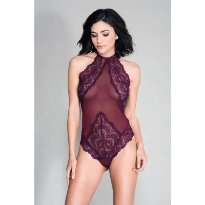 High Neck Scalloped Trim Lace Teddy With Sheer Back One Size Burgundy