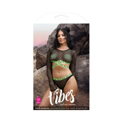 Women s Lingerie Fantasy Lingerie Vibes Fuck Ur Rules Long Sleeve Fishnet Top Panty With Uv Reactive Elastic And 1