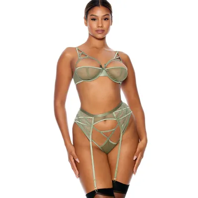 Forplay Star Crossed 3 Piece Sage Green Mesh Bra Set with Garter Belt Panty