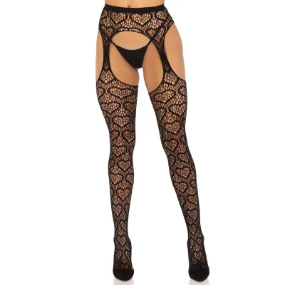 Heart Net Suspender Pantyhose One Size Black