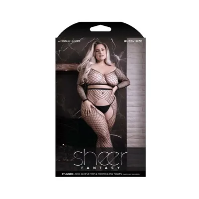 Women s Lingerie Fantasy Lingerie Sheer Stunner Rhinestone Fishnet Longsleeve Top Crotchless Tights Black Queen Siz