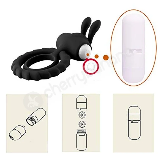 Cherry Banana Black Rabbit Vibrating Cock & Balls Ring