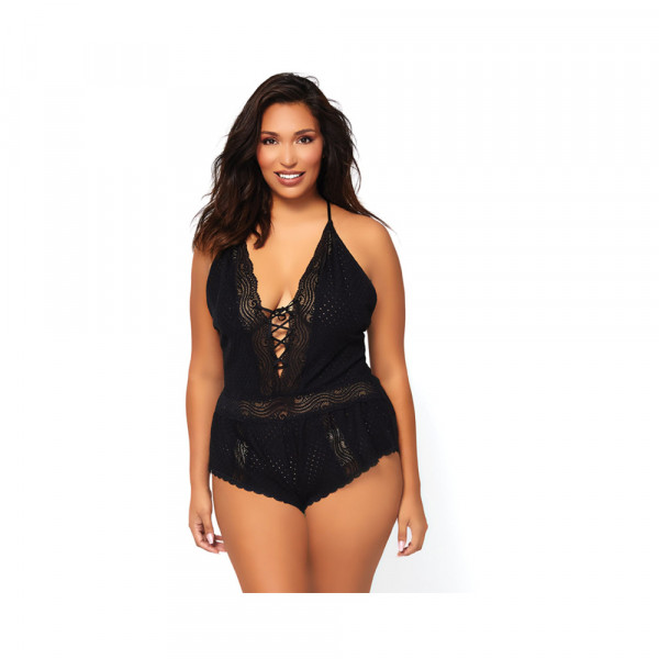 Lace Up Eyelet Romper With Swirl Lace Accents And Adjustable Straps 1x-2x Black