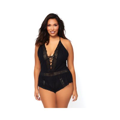 Lace Up Eyelet Romper With Swirl Lace Accents And Adjustable Straps 1x 2x Black