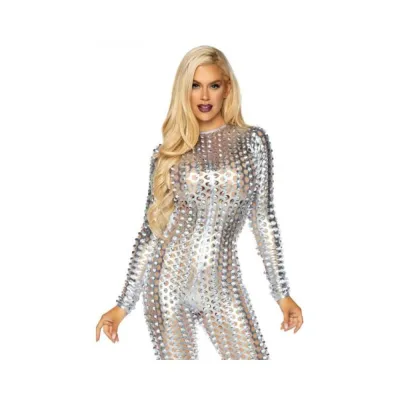 Laser cut Metallic Catsuit Silver Medium