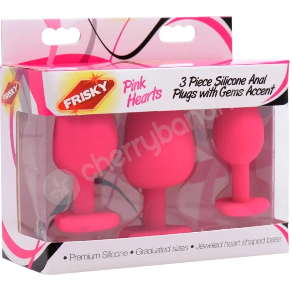 Frisky Pink Hearts 3 Piece Silicone Anal Plugs With Gem Accents