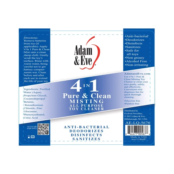 Adam And Eve 4 In 1 Pure And Clean Misting Toy Cleaner