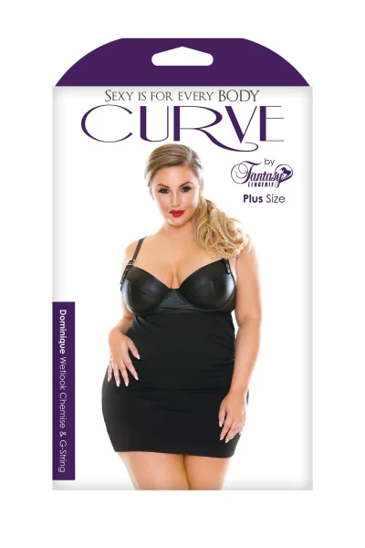 Dominique Wetlook Chemise & G-String - Black - 1x-2x