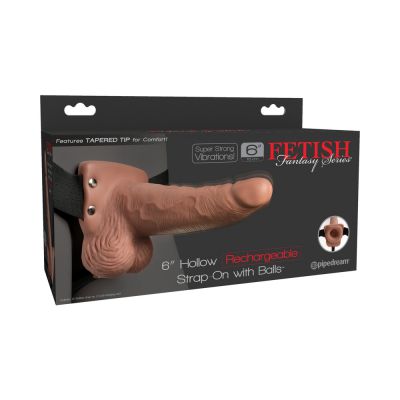 Fetish Fantasy 6in Hollow Rechargeable Strap on With Balls Tan