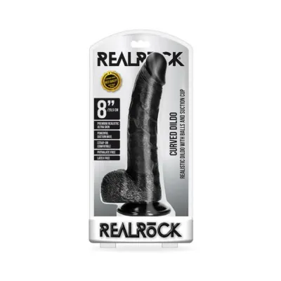 Realrock Curved Realistic Dildo With Balls And Suction Cup 8 In Black