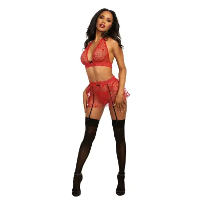 Bralette Garterskirt and G String One Size Rouge