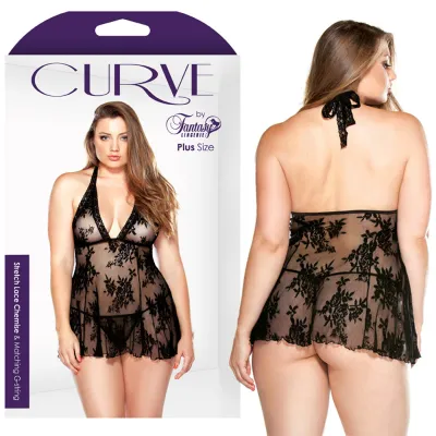 Curve Stretch Lace Chemise G string Black 1X 2X