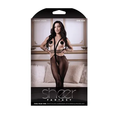 Take Your Time Crotchless Suspender Stockings and Pasties Set One Size Black