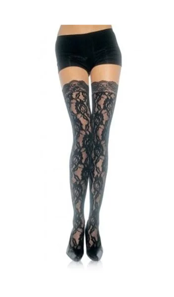 Lace Top Lace Thigh Highs - One Size - Black