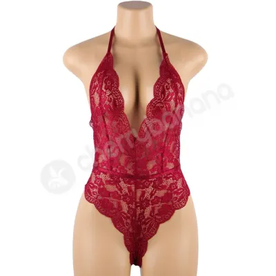 Cherry Banana Dark Red Floral Lace Bodysuit With Adjustable Neck Back Straps