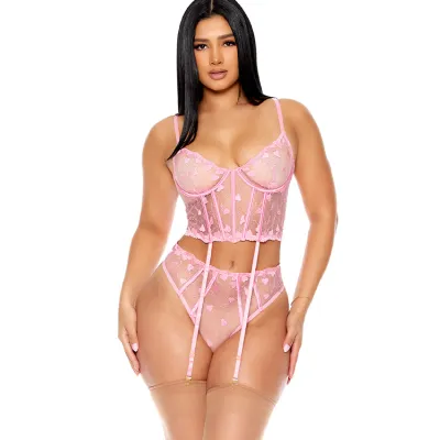 Heartbeat Harmony 2 Piece Pink Bustier Set with Garters Matching Panty By Forplay
