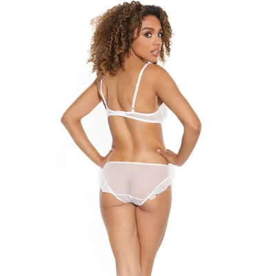 Women s Lingerie Coquette Mesh Crotchless Open back Teddy With Corset Detail White L