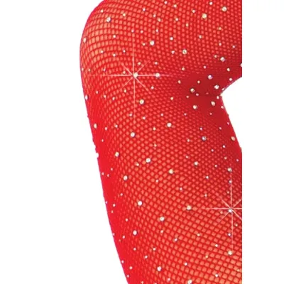 Crystalized Long Sleeve Fishnet Thong Back Bodysuit One Size Red