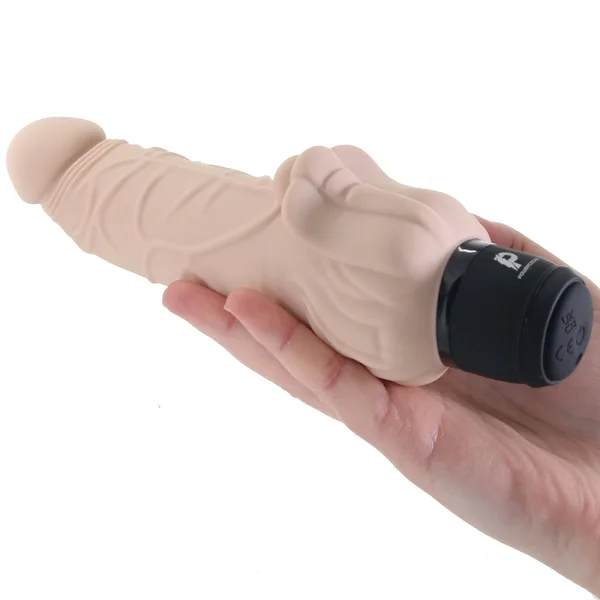 Powercocks Realistic Silicone Waterproof Rechargeable 7" Vibrator With Clitoral Stimulator - Vanilla