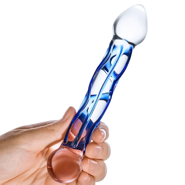 Gläs Full Tip Textured Glass Dildo - Clear & Blue