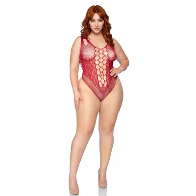 Net and Lace Bodysuit 1x 2x Burgundy