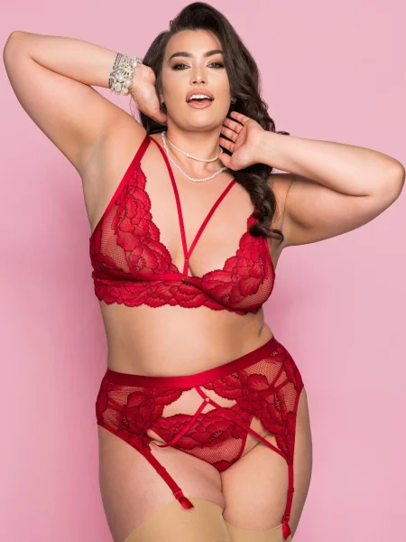 Lovehoney Plus Size Tiger Lily Red Floral Lace Bra Set