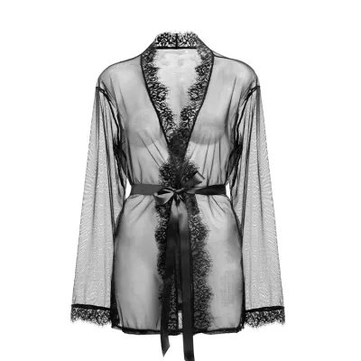 Dita Von Teese Von Follies Seduca Black Robe with Eyelash Lace Trim