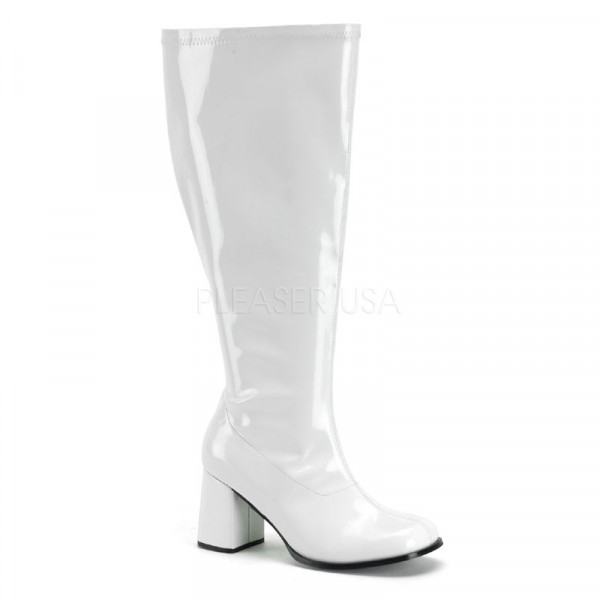 GOGO-300X - 3" Wht Stretch Pat Wide Width Gogo Boot, Plus Size, Side Zip