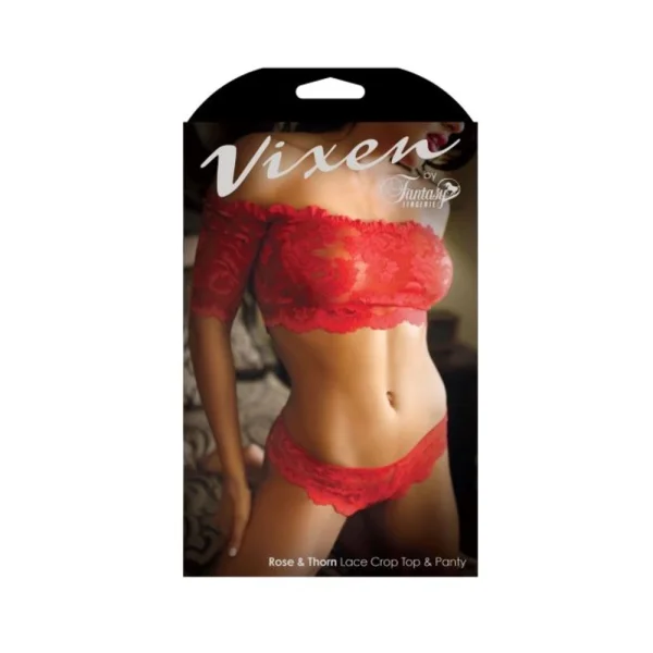 Vixen Rose & Thorn Lace Crop Top & Matching Panty Red L/xl