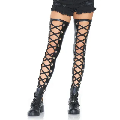 Leg Avenue Black Wet Look Footless Lace Up Thigh Hold Ups