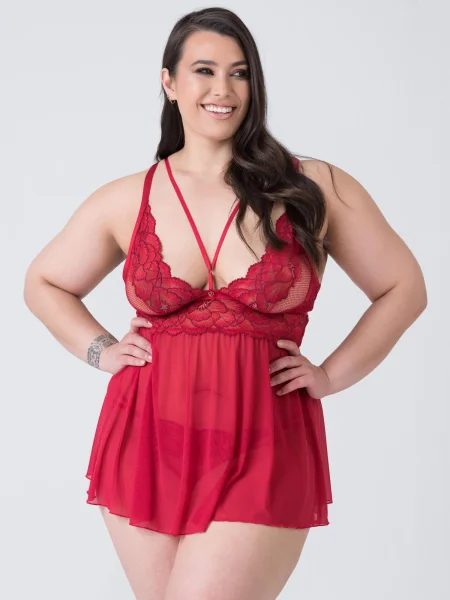 Lovehoney Plus Size Tiger Lily Red Floral Lace Babydoll Set