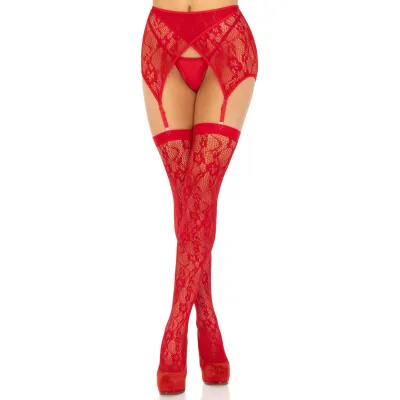 2 Pc Rachel Lace Thigh High and Crossover Garter Belt One Size Red