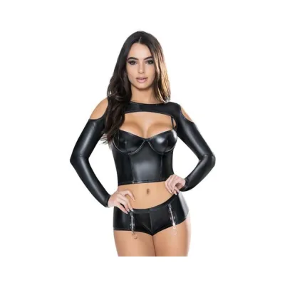 Magic Silk Liquid Onyx Camisole Longsleeve Shrug Short Set Black S m