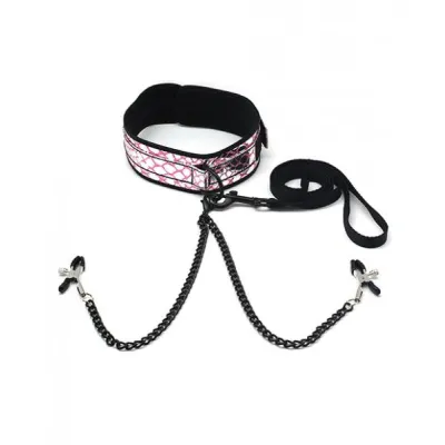 Spartacus Faux Leather Collar Leash Black Nipple Clamps Pink