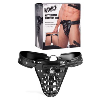 Strict Faux Leather Metal Netted Male Chastity Jock