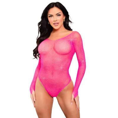 Rhinestone Snap Crotch Bodysuit One Size Neon Pink