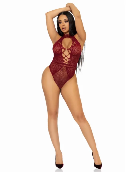 Net and Lace Keyhole Halter Bodysuit - One Size -  Burgundy