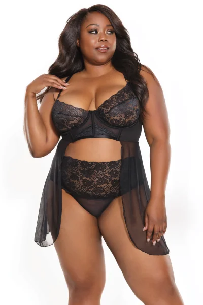 Black Lace & Mesh Babydoll & High-Waisted Thong
