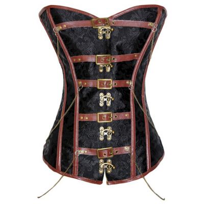 Black Brocade Corset With Brown Leather Black S