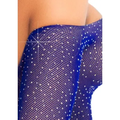 Crystalized Long Sleeve Fishnet Thong Back Bodysuit One Size Royal Blue