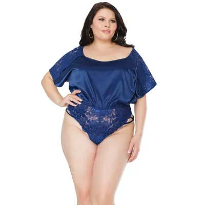Plus Size Navy Blue Satin Lace Romper