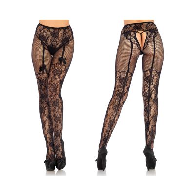 Fleur De Lace Suspender Illusion Crotchless Tights With Bow Accent O s Black