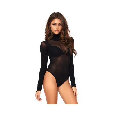 Opaque High Neck Long Sleeved Bodysuit With Snap Crotch O s Black