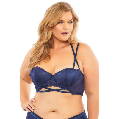 Lace Push Up Balconette Bra With Crossing Halter Straps Estate Blue 1x