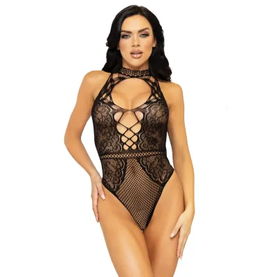 Net and Lace Keyhole Halter Bodysuit One Size Black