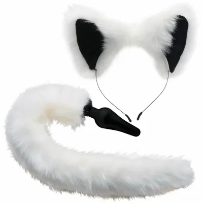 Tailz Black Silicone Anal Plug With White Fox Faux Fur Tail Matching Ears