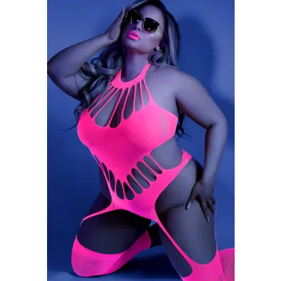 Neon Nights Cutout Bodystocking with Garters Fishnets By Fantasy Lingerie
