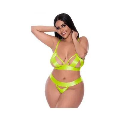 Magic Silk Strap Tease Bra Crotchless Panty Set Yellow Queen