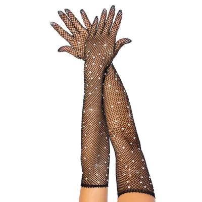 Leg Avenue Black Fishnet Rhinestone Gloves
