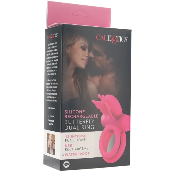 Silicone Rechargeable Dual Butterfly Couples Vibrating Cock Ring By CalExotics - Pink